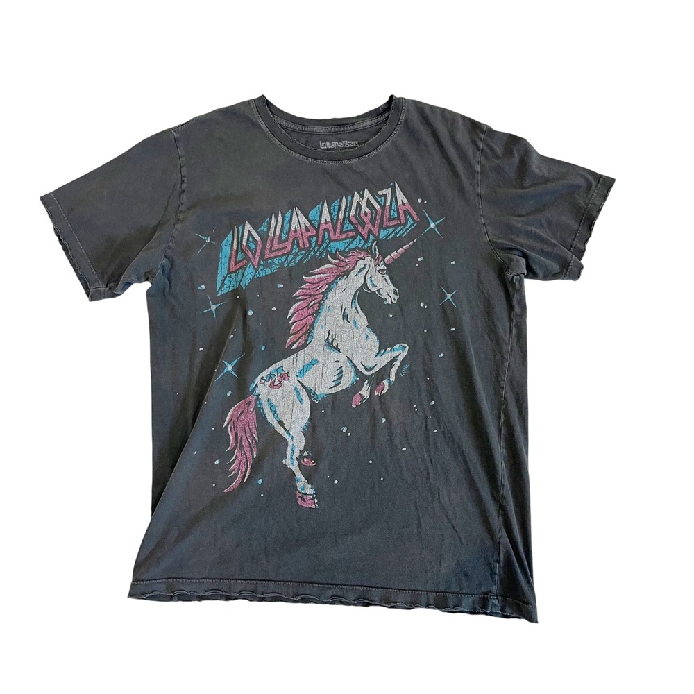 Lollapalooza 2024 Festival T-Shirt Womens Large Unicorn Lineup Distressed Gray